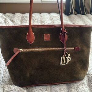 Dooney & Bourke Green Suede Tote with Cognac Trim